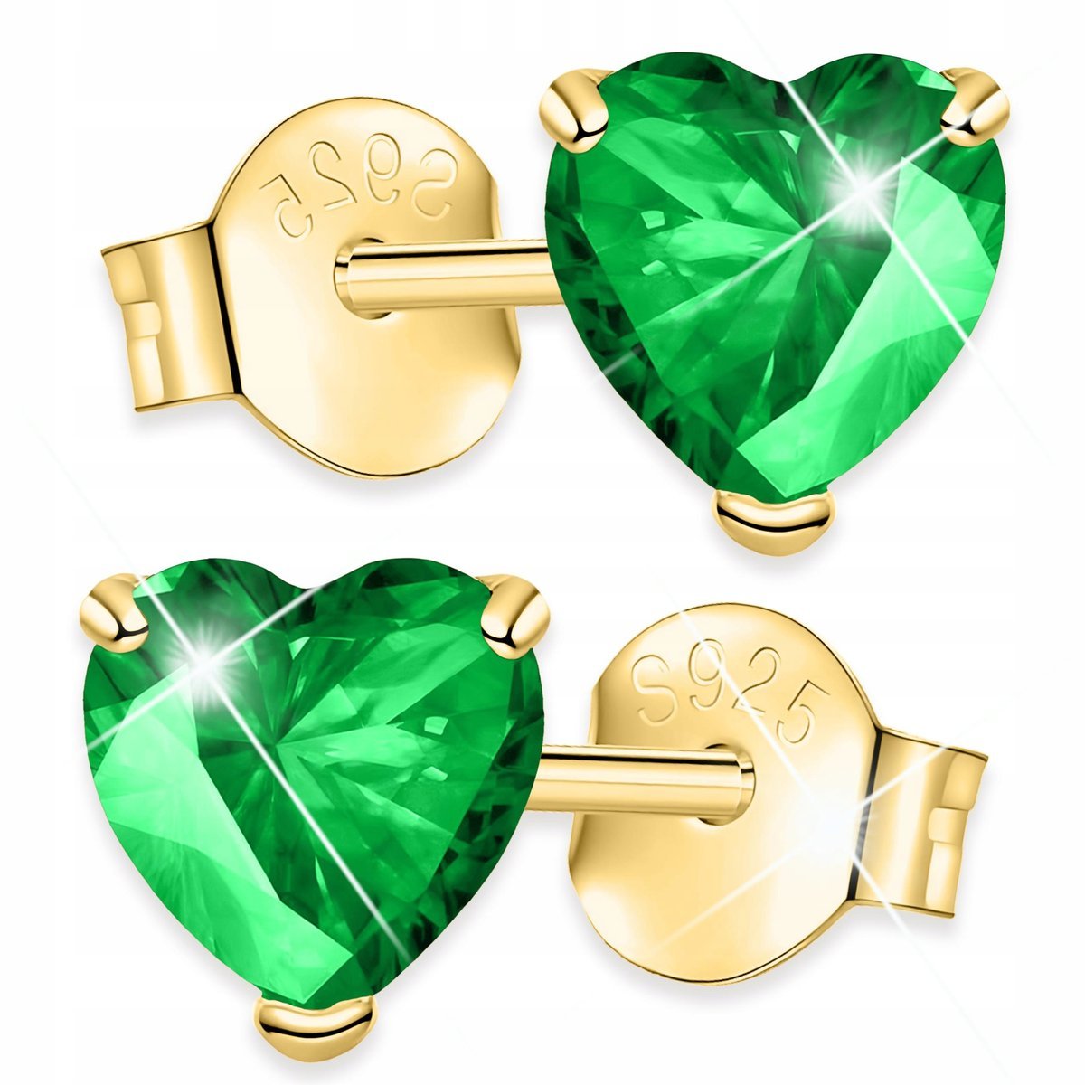 Złote Kolczyki Zielone Kryształowe Serca Zielona Cyrkonia SREBRO 925
