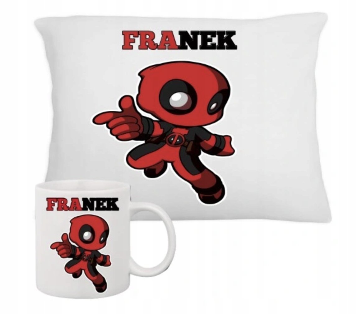 ZESTAW PODUSZKA + KUBEK Prezent DEADPOOL MARVEL AVENGERS + IMIĘ 25