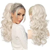 Pozostałe akcesoria fryzjerskie - TEMU 18-calowa, długa, kręta, falista, z długim sznurkiem, przedłużenie konia - syntetyczny wloczek do włosów dla kobiet, szary z białymi paskami, - miniaturka - grafika 1