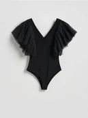 Koszulki i topy damskie - Reserved - Body z ozdobnymi rękawami - czarny - miniaturka - grafika 1