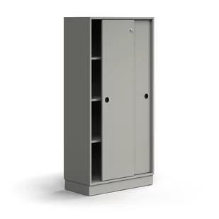 Zamykana szafa przesuwna QBUS, 3 półki, cokół, uchwyty, 1636x800x400 mm, jasnoszary - Szafy biurowe - miniaturka - grafika 1