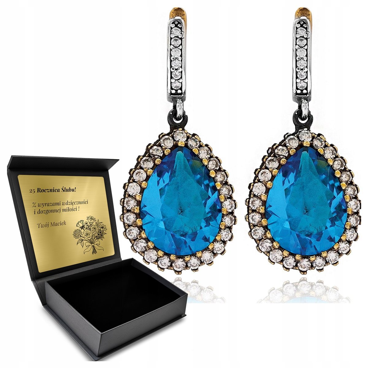 Koczyli Srebrne Pr.925 Z Cyrkoniami I Błękitnym Topazem + Grawer