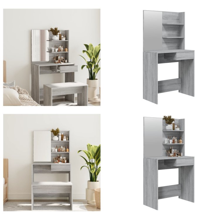 vidaXL Toaletka z lustrem szara Sonoma 74,5x40x141 cm - Toaletka - Stolik do makijażu - Stolik kosmetyczny - Toaletka