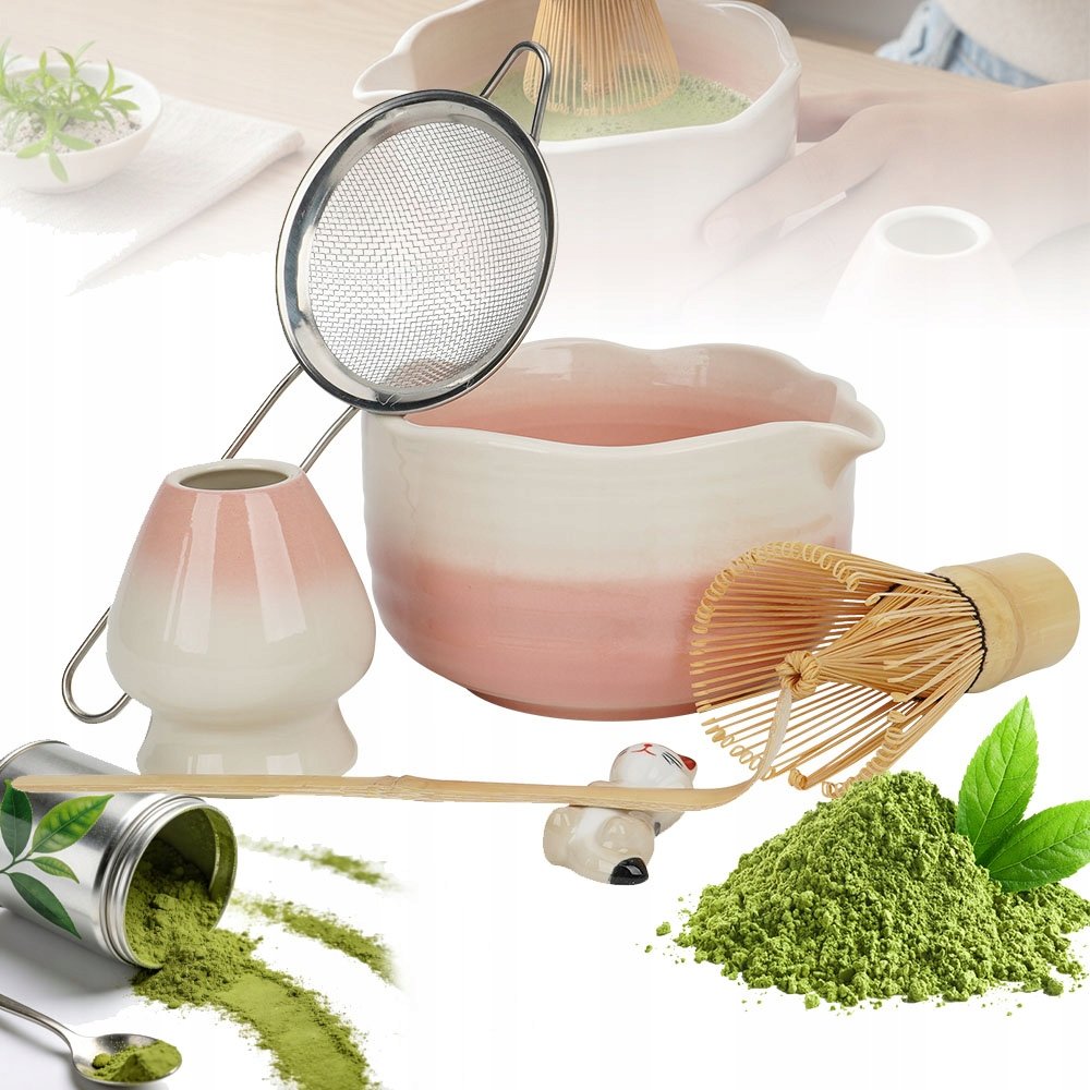 Zestaw Startowy Do Matchy 6 Elementów Ceramika Różowa Łyżeczka Chasen Sitko