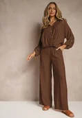 Komplety damskie - Brązowy Komplet z Wiskozy w Stylu Oversize Szerokie Spodnie i Luźna Koszula na Guziki Natinne - miniaturka - grafika 1