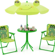 Meble ogrodowe - Zestaw Ogrodowy dla Dzieci, 4 Elementy, Stół Piknikowy dla Dzieci z 2 Składanymi Krzesełkami, Parasol z Regulowaną Wysokością (Żaba Niebiesko-Zielona) - miniaturka - grafika 1