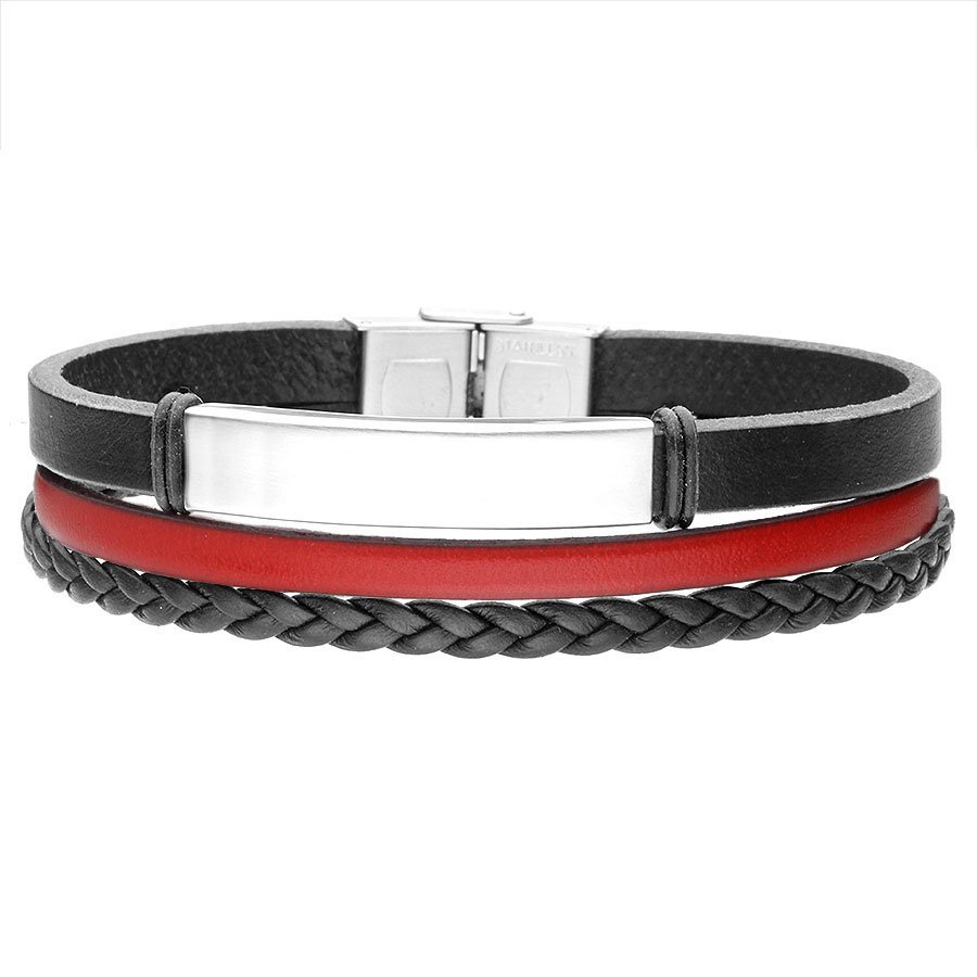 Czarno czerwona bransoletka męska ze skóry pod grawer.