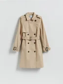 Płaszcze damskie - Reserved - Dwurzędowy trencz z paskiem - beżowy - miniaturka - grafika 1