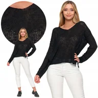 Swetry damskie - SWETER DAMSKI KLASYCZNY AŻUROWY CIENKI Z DŁUGIM RĘKAWEM KOBIECY MORAJ L BLACK - miniaturka - grafika 1