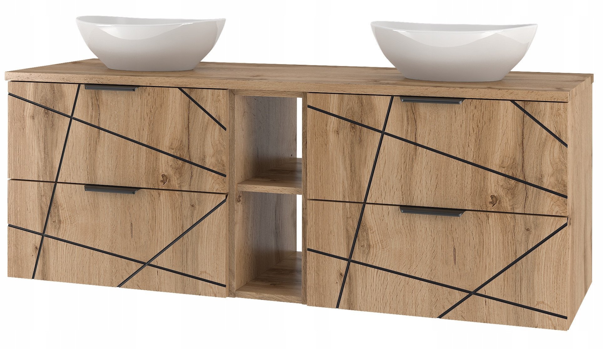 Szafka łazienkowa WOOD z 2 umywalkami, regałem i blatem 140 cm DĄB WOTAN