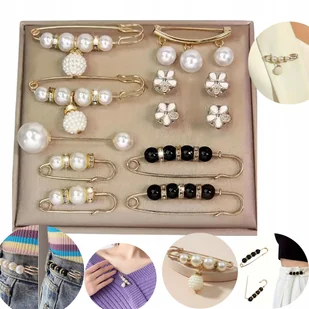 ZESTAW 12 OZDOBNYCH BROSZEK / PRZYPINEK DEKORACYJNYCH PERŁY KWIATY ZŁOTE - Broszki - miniaturka - grafika 1