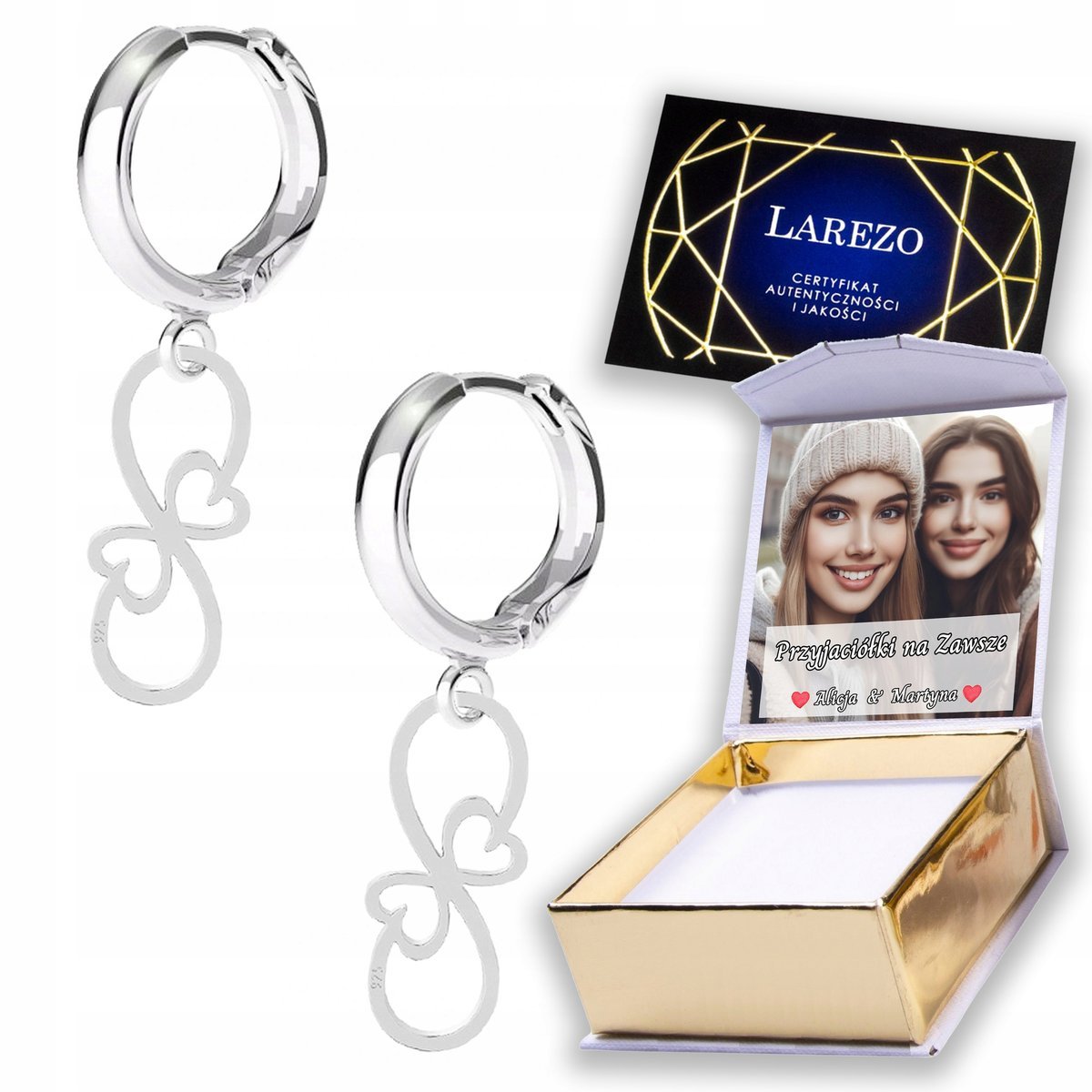 Kolczyki Srebrne 925 Infinity Serca z Nieskończonością Serduszka NADRUK