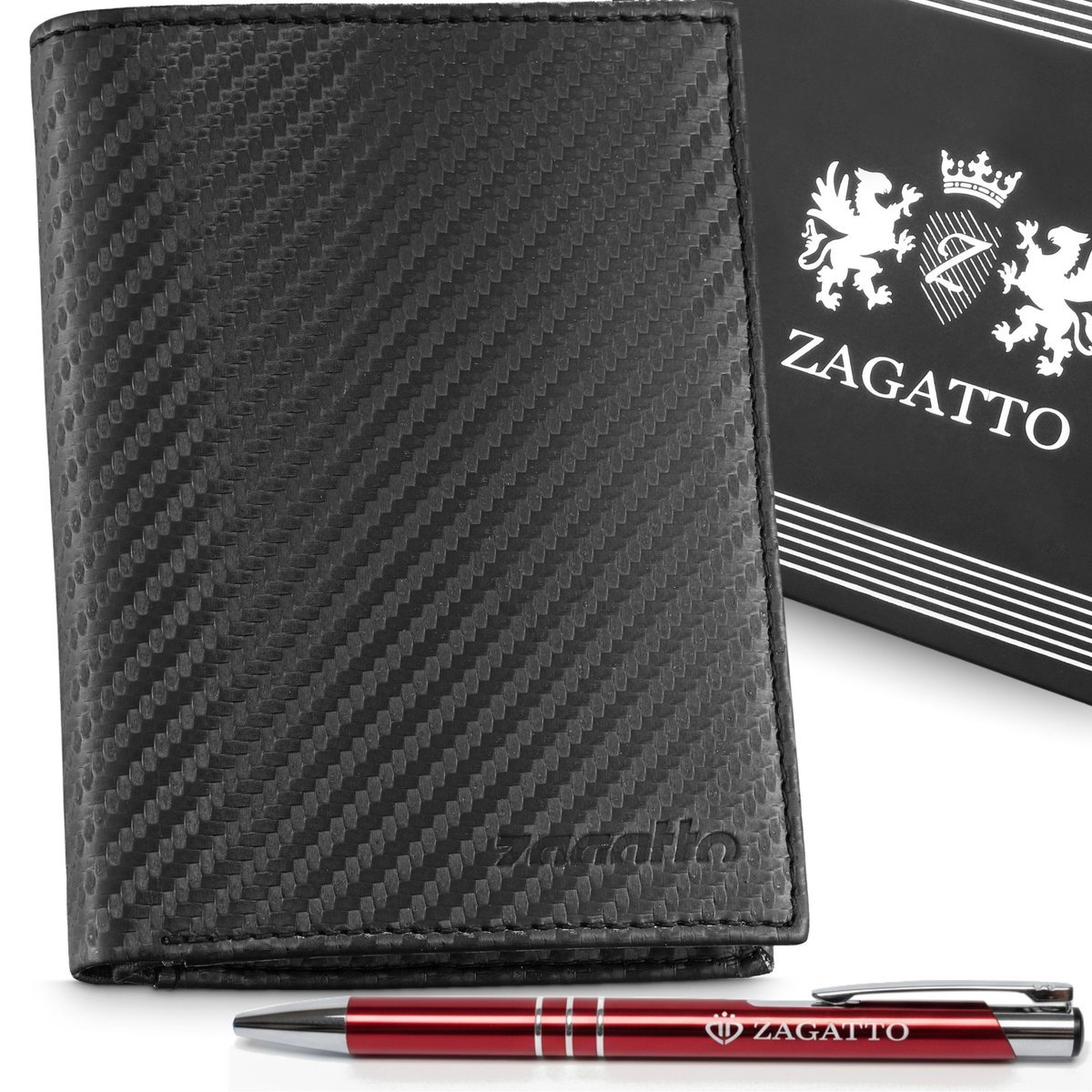 Zagatto, Portfel męski czarny skórzany carbon, portfel z ochrona kart RFID, pionowy portfel w pudełku prezentowym