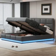 Łóżka - Łóżko tapicerowane Flieks z LED, łóżko na sprężynach hydraulicznych 180x200cm z listwami i schowkiem, łóżko podwójne drewniane łóżko młodzieżowe imitacja skóry, szare - miniaturka - grafika 1