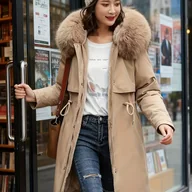 Kurtki damskie - TEMU Damska, ciepła kurtka z kapturem ze sztucznego - Gruba, ocieplana kurtka zimowa ze sznurkiem w kapturze, / Brązowa/Czerwona/ - Codzienna odzież - miniaturka - grafika 1