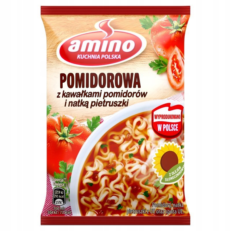 Amino Zupa błyskawiczna pomidorowa z kawałkami pomidorów i natką pietruszki