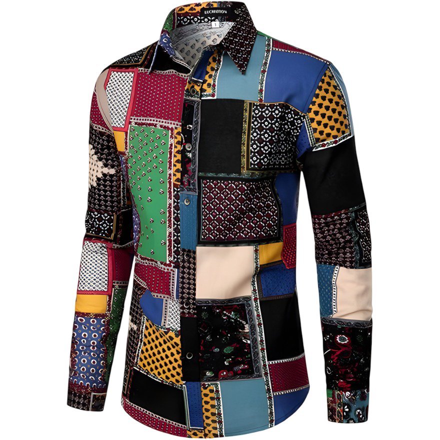 Męska Koszula Długi Rękaw Bawełniana Afrykańskie Wzory Etno Czarna XXL