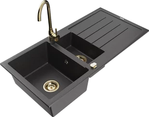 Mexen Andres zlewozmywak granitowy 1,5-komorowy z ociekaczem i baterią kuchenną Telma, czarny nakrapiany - 6515-76-670200-50 - Zlewozmywaki z baterią - miniaturka - grafika 1