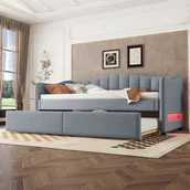 Pościel - Flieks łóżko tapicerowane 90x200cm z wysuwanym łóżkiem, rozkładana sofa z funkcją spania LED, rozkładana sofa funkcjonalne łóżko młodzieżowe łóżko gościnne, pościel, szary - miniaturka - grafika 1