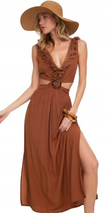 TRENDYOL BRĄZOWA SUKIENKA Z FALBANĄ I WIĄZANIEM NA RAMIONACH 34 5AA