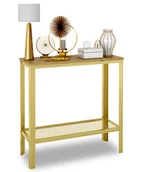 Konsole i sekretarzyki - Minimalistyczna konsola z półką złoty + dąb artisan E7-S33 - miniaturka - grafika 1