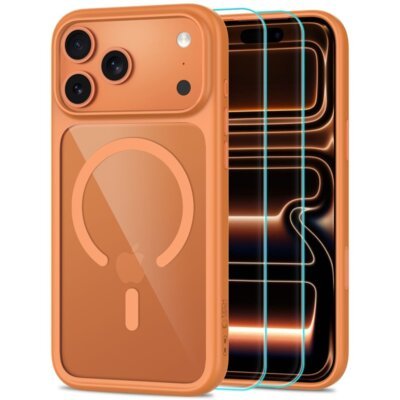 Etui TECH-PROTECT MagOne MagSafe CC do Apple iPhone 17 Pro Max/18 Pro Max Przezroczysto-pomarańczowy + szkło hartowane Glass+ (2 szt.)