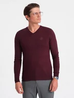 Swetry męskie - Sweter męski elegancki BASIC V-neck z wiskozą bordowy V13 OM-SWBS-0107 - Ombre Clothing - miniaturka - grafika 1