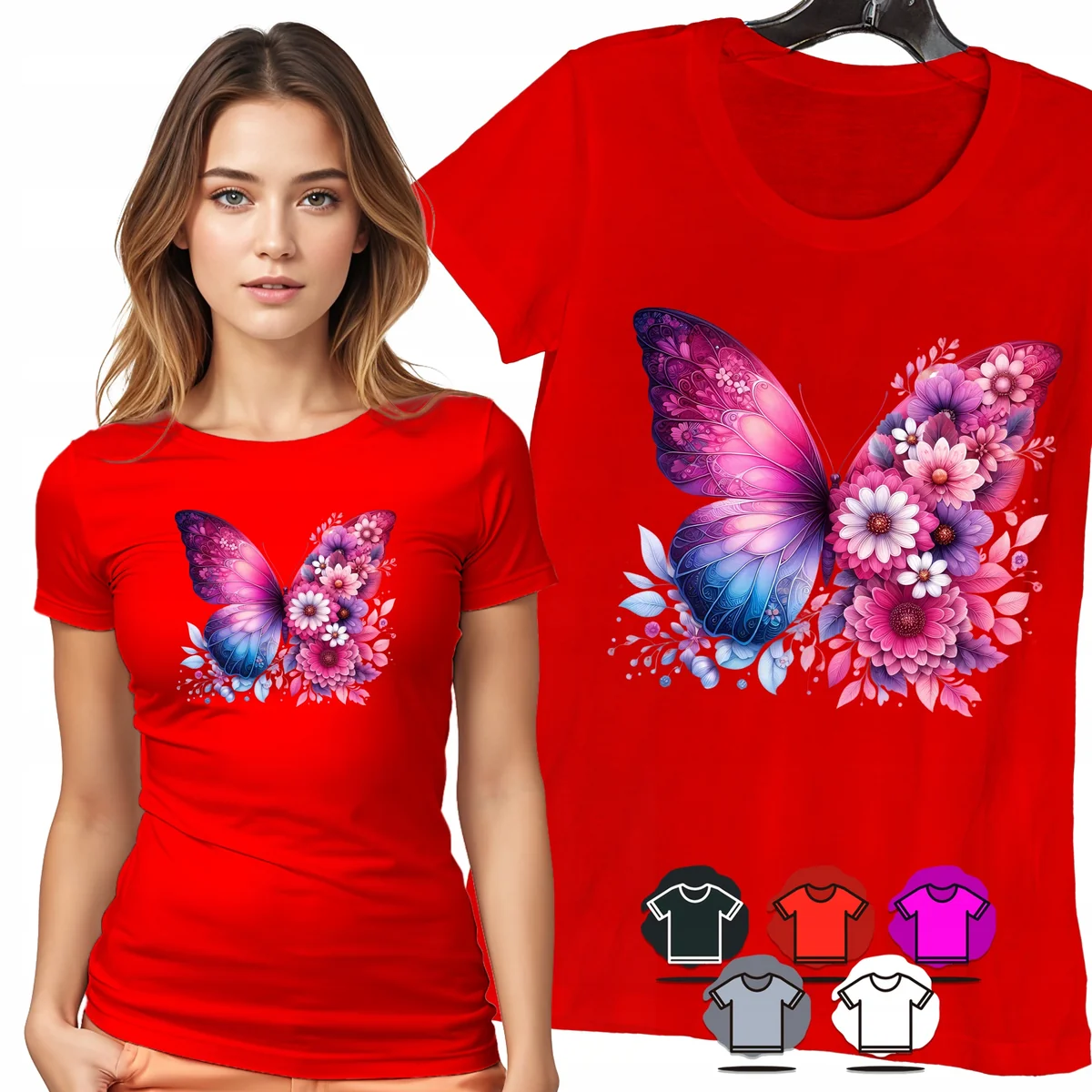 KOSZULKA DAMSKA T-SHIRT - MOTYL RÓŻOWE KWIATY PASTELOWY WZÓR DAMSKI - XL