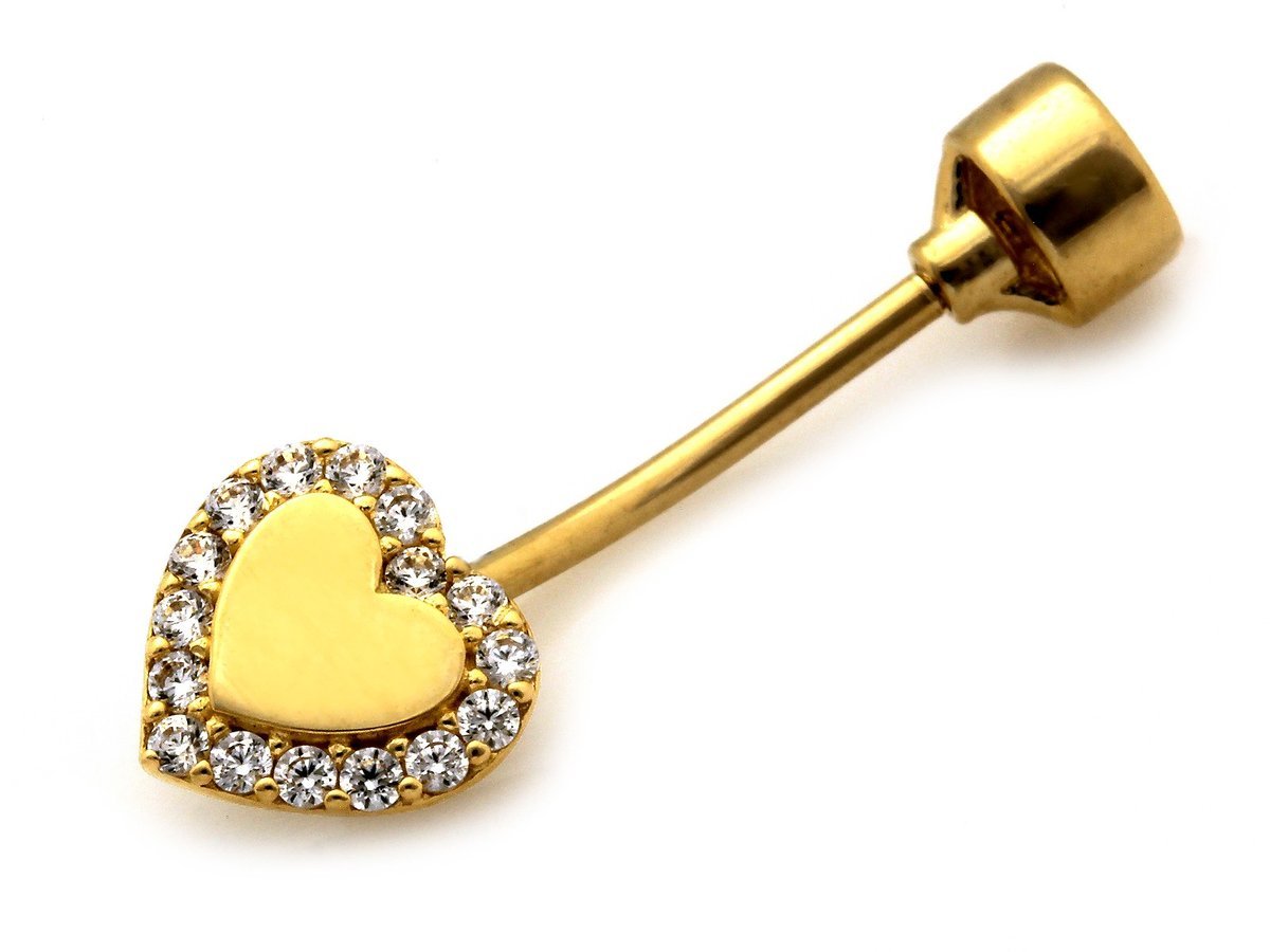 Złoty 585 kolczyk do pępka z sercem z cyrkoniami 0.75g