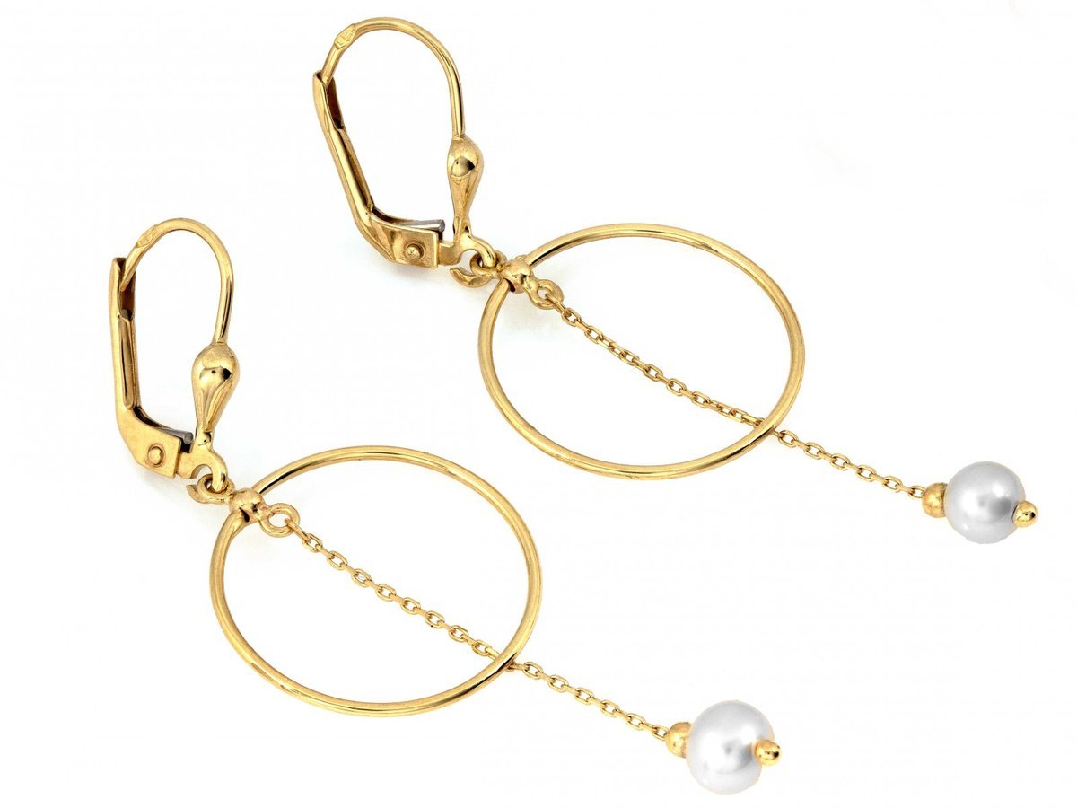 Kolczyki złote 585 angielskie wiszące kółka z perłą na łańcuszku 2.24g