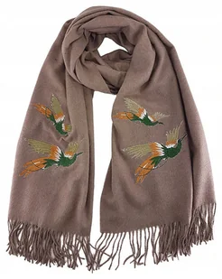 Szalik Damski Kaszmirowy w Beżowym Kolorze z Wzorem Ptaków - Apaszki i szaliki damskie - miniaturka - grafika 1