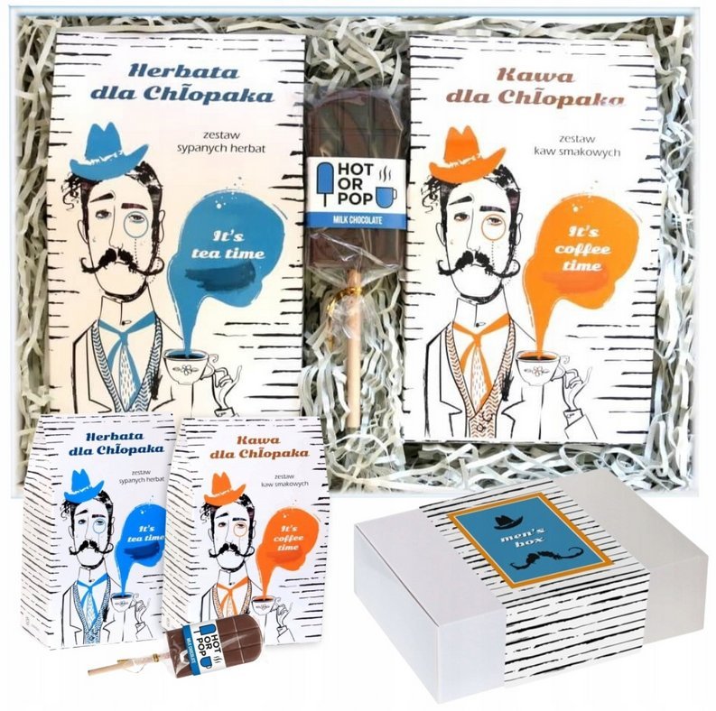 Zestaw prezentowy dla chłopaka Men's Box TWOJE ZDROWIE!. Kawa smakowa deserowa 10x10g i herbata sypana 10x5/8g oraz czekoladowe przysmaki dla mężczy..