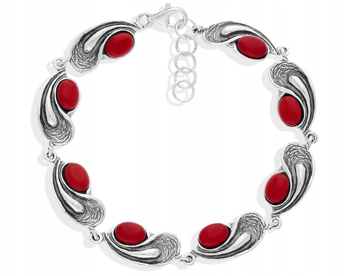 Bransoletka Srebrna Damska Koral Czerwony 925 Oryginalny Nowoczesny Wzór