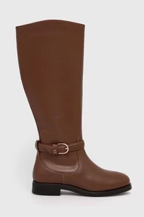 Kozaki damskie - Tommy Hilfiger kozaki skórzane ELEVATED ESSENT THERMO LONGBOOT damskie kolor brązowy na płaskim obcasie FW0FW07484 - grafika 1