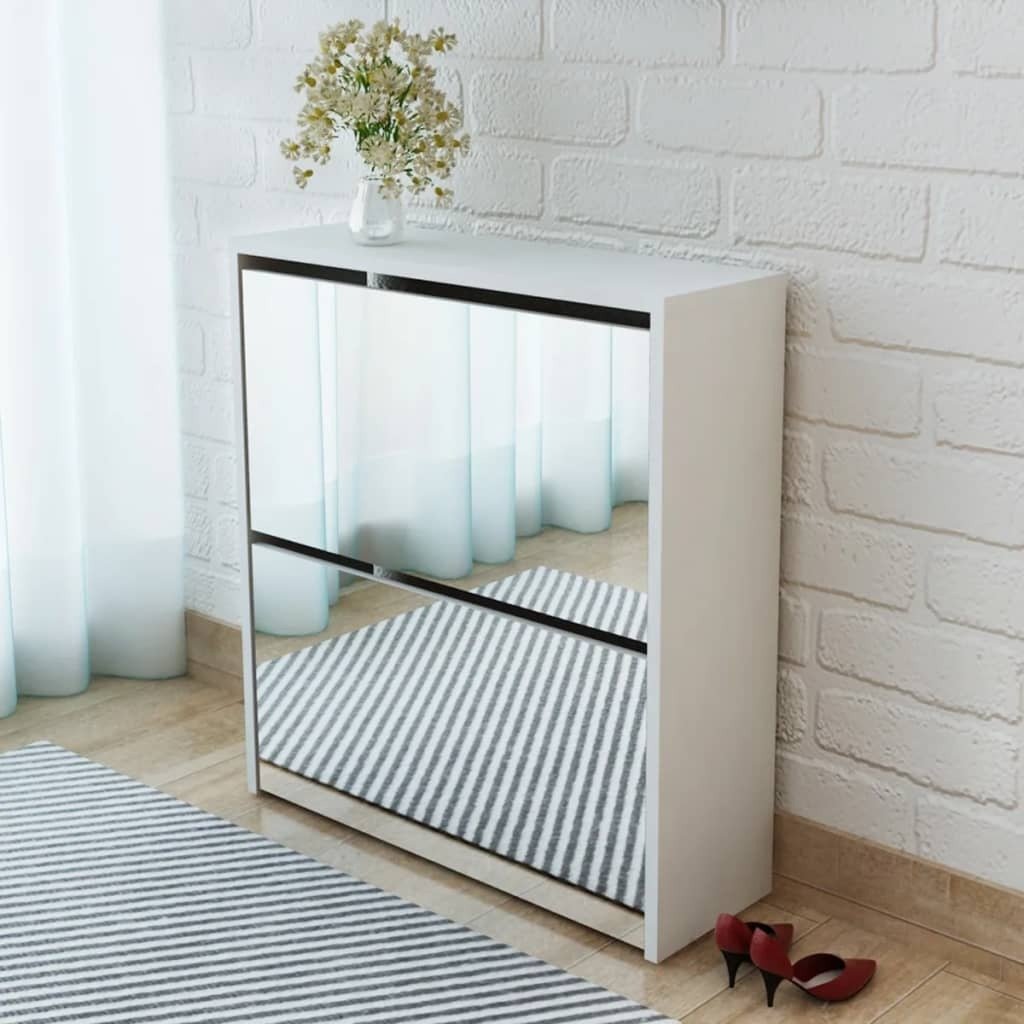 vidaXL Szafka na buty z 2 przegrodami z lustrem biała 63x17x67 cm - Szafka na buty - Szafki na buty - Szafka do przedpokoju - Szafki do przedpokoju