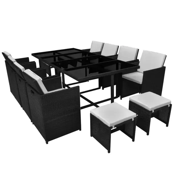 Stylowy zestaw mebli rattanowych czarny z kremowymi poduszkami 225x109x74 c