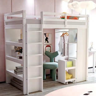 Łóżko piętrowe dla dzieci 90 x 200 cm z półkami i otwartą szafą - Sosna + sklejka + MDF - Białe (Bez materaca) - Łóżka dla dzieci i młodzieży Łóżko piętrowe dla dzieci 90 x 200 cm z półkami i otwartą szafą - Sosna + sklejka + MDF - Białe (Bez materaca) - Łóżka dla dzieci i młodzieży - miniaturka - grafika 1