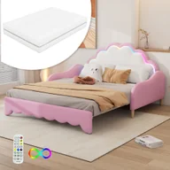Sofy i kanapy - Łóżko tapicerowane Flieks 140x100cm/140x200cm, łóżko dziecięce z materacem, sofa rozkładana ze stelażem listwowym, łóżko młodzieżowe z LED, PU, różowe - miniaturka - grafika 1