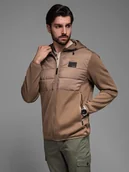 Kurtki męskie - Lekka męska kurtka z łączonych materiałów z kapturem i ozdobnym pikowaniem jasnobrązowa V2 OM-JANP-0160 M - miniaturka - grafika 1