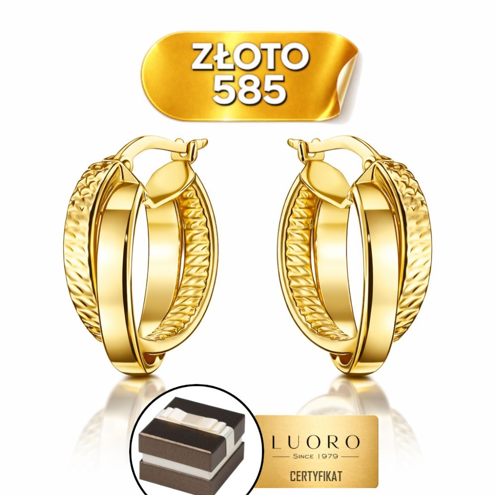 KOLCZYKI ZŁOTE 585 14K PODWÓJNE KÓŁKA GŁADKIE I DIAMENTOWANE 18,7 MM