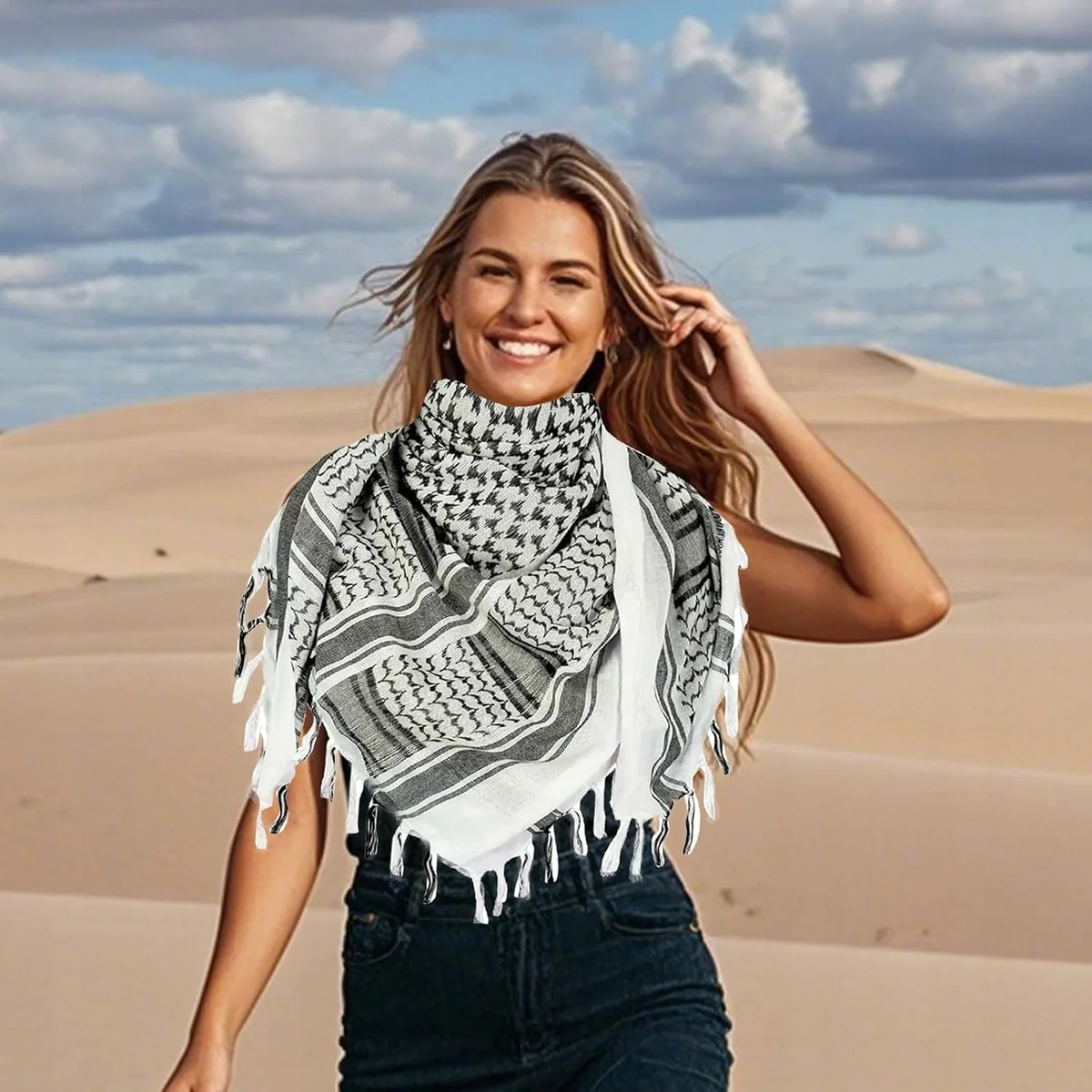 SZALIK 110X110CM BAWEŁNIANY PUSTYNNY UNISEX KOLOROWY FRĘDZLE LEKKI WYGODNY