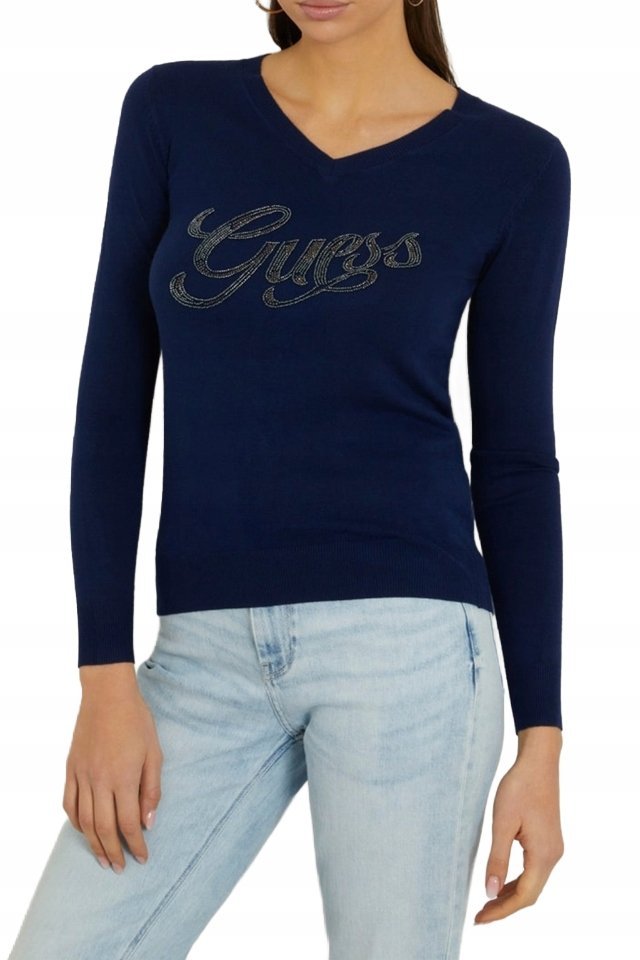 GUESS GRANATOWY SWETER Z APLIKACJĄ LOGO Z WISKOZY Z DŁUGIM RĘKAWEM M 12CA