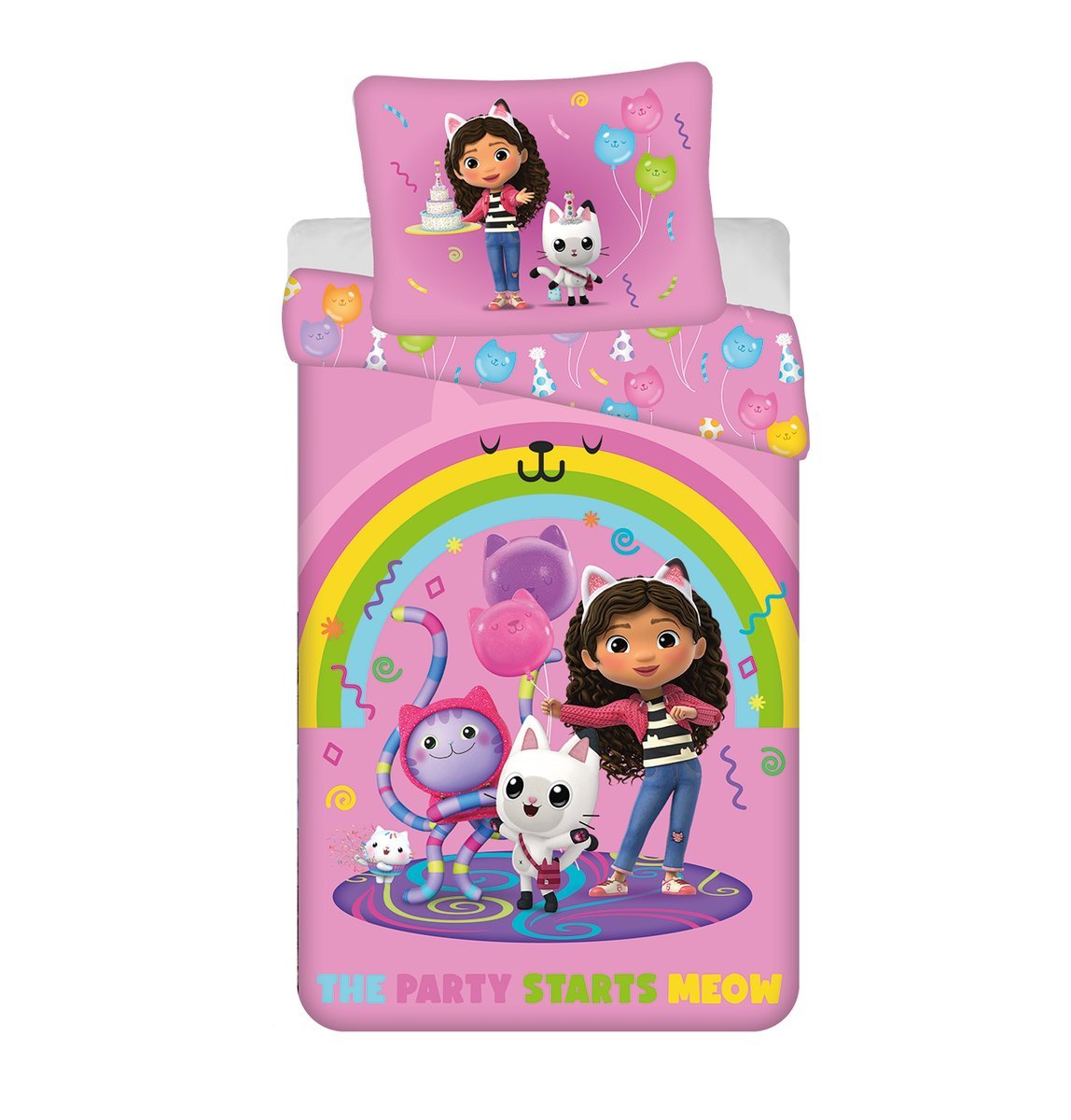 Pościel dziecięca 140x200 Koci domek Gabi różowa tęcza poszewka 70x90 Gabby`