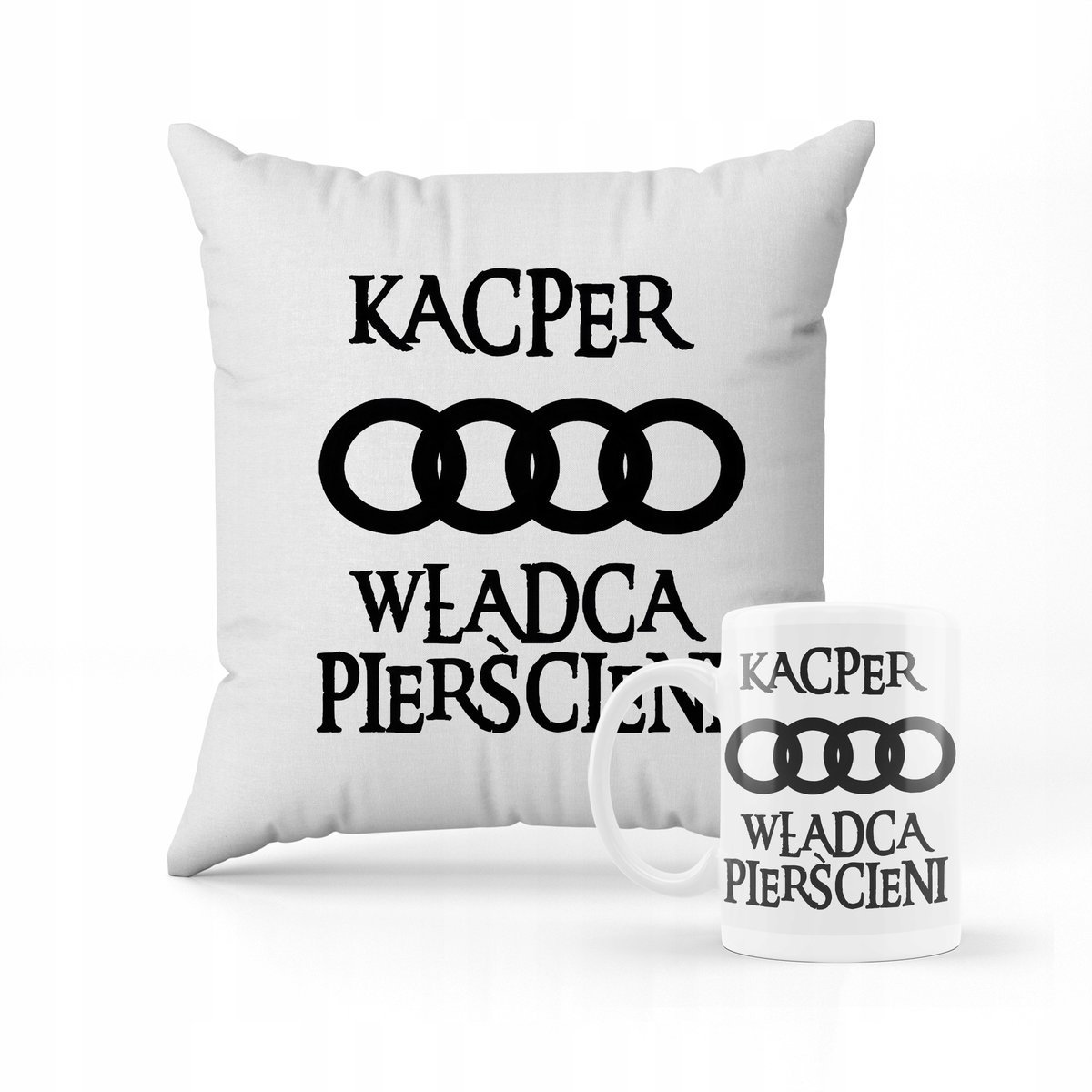 ZESTAW PODUSZKA + KUBEK WŁADCA PIERŚCIENI AUDI AUTO PREZENT + IMIĘ #17