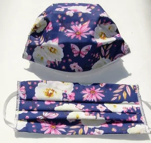 Maseczka Maska Ochronna Na Twarz Szafirowa Kwiatki Białe Różowe - Odzież robocza - miniaturka - grafika 1