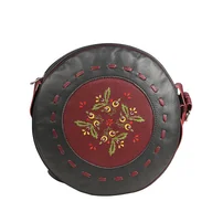 Torebki damskie - Okrągła torebka skórzana Retro czarno bordowa torebka na ramię Folkowa - miniaturka - grafika 1