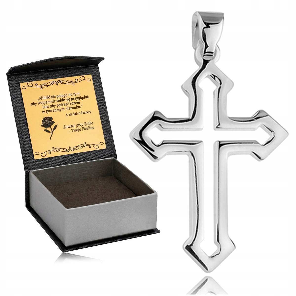 ELEGANCKI SREBRNY KRZYŻYK KOMUNIJNY 925 RODOWANY KRZYŻ DIAMENTOWANY CHRZEST
