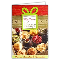 Kartki okolicznościowe i zaproszenia - Kartka z życzeniami Szczęśliwego Nowego Roku pełna smakołyków Złota wstążka z kopertą kolaż papier tłoczony czekoladki Boże Narodzenie wspaniałe życzenia wigilijne 61-4087-A BA - miniaturka - grafika 1