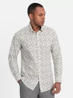 Koszule męskie - Męska koszula SLIM FIT we wzór florystyczny - beżowa V2 OM-SHPS-0139 - miniaturka - grafika 1