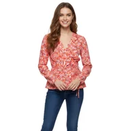 Bluzki damskie - Bluzka damska Tommy Hilfiger Elonora Wrap w kwiaty wiązana pomarańczowa-S - miniaturka - grafika 1